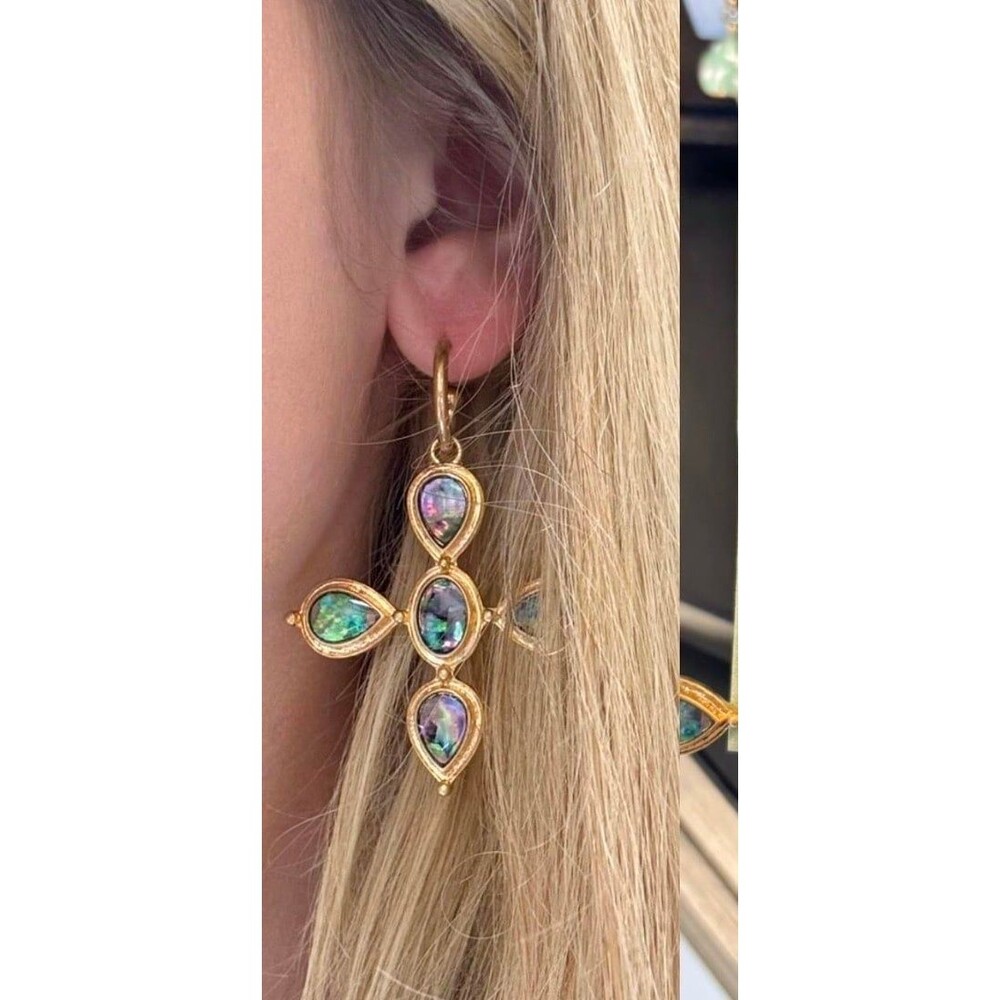 NWT Lucky Day Earrings from Atterri. Antique Gold/Abalone Cross